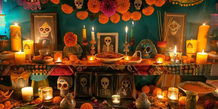 day of the dead cemetery with candles and marigolds