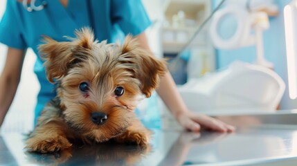 An Adorable Yorkshire Terrier Puppy With Clear, Innocent Eyes Lies on an Examination Table in a Veterinary Clinic&mdash;Looking Calm Yet Curious, Capturing a Gentle Moment of Pet Healthcare Check-Up