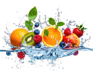 A vibrant splash of water showcasing a medley of fresh, colorful fruits against a black background