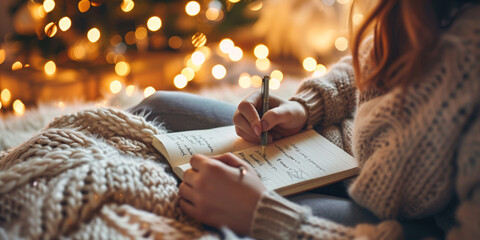 Woman writing New Year’s resolutions in cozy winter atmosphere