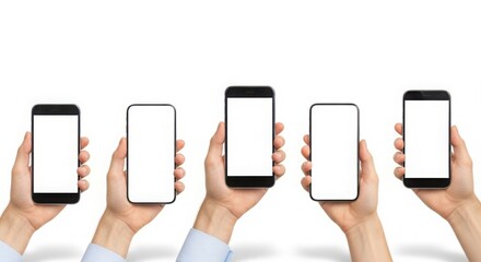 Five hands holding smartphones with blank screens mobile phones