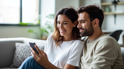 Woman and man sit side by side in modern living room,holding smartphone while smiling,copy space