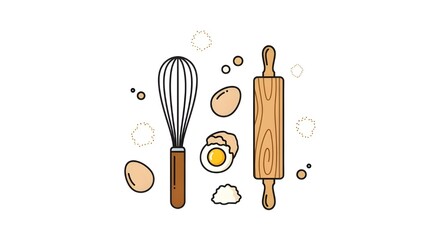baking tools ingredients whisk rolling pin eggs flat illustration