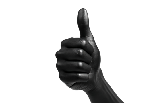 Black hand giving a thumbs-up gesture against a black background