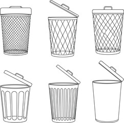 Set of Six Outline Trash Can and Recycling Bin Icons VectorSet of Six Outline Trash Can and Recycling Bin Icons Vector