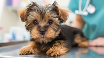 An Adorable Yorkshire Terrier Puppy With Clear, Innocent Eyes Lies on an Examination Table in a Veterinary Clinic&mdash;Looking Calm Yet Curious, Capturing a Gentle Moment of Pet Healthcare Check-Up