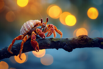 A curious hermit crab exploring a branch with a mesmerizing glowing light in the background, showcasing its adventurous spirit and natural curiosity in a captivating and enchanting setting  