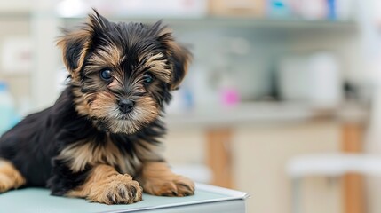 An Adorable Yorkshire Terrier Puppy With Clear, Innocent Eyes Lies on an Examination Table in a Veterinary Clinic&mdash;Looking Calm Yet Curious, Capturing a Gentle Moment of Pet Healthcare Check-Up
