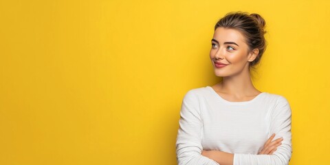 Model's head raised and looking forward,smiling,arms crossed,copy space,yellow background,banner