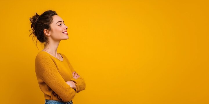 Model's head raised and looking forward,smiling,arms crossed,copy space,yellow background,banner