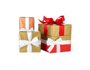 Obraz premium Red ribbons and bows decorate a wrapped red gift box