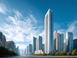 Naklejka premium Urban skyline with towering skyscrapers against a bright, cloudfilled sky. Represents progress, ambition, modern architecture. Ideal for business, finance, or travel themes.