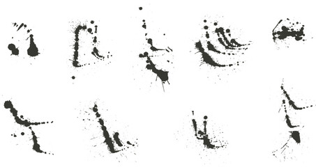 Spray aerosol splatters and inkblots set. Grunge graffiti splashes and drips pack. Ink spots and blob shapes. Smudge spill. Dirty liquid. Vector hand drawn illustration on transparent background.