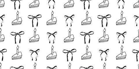 Coquette b-day party crayon seamless pattern. Monochrome bow and cake endless background. Girly festive black and white repeat cover. Hbd continuous ornament. Vector hand drawn illustration.