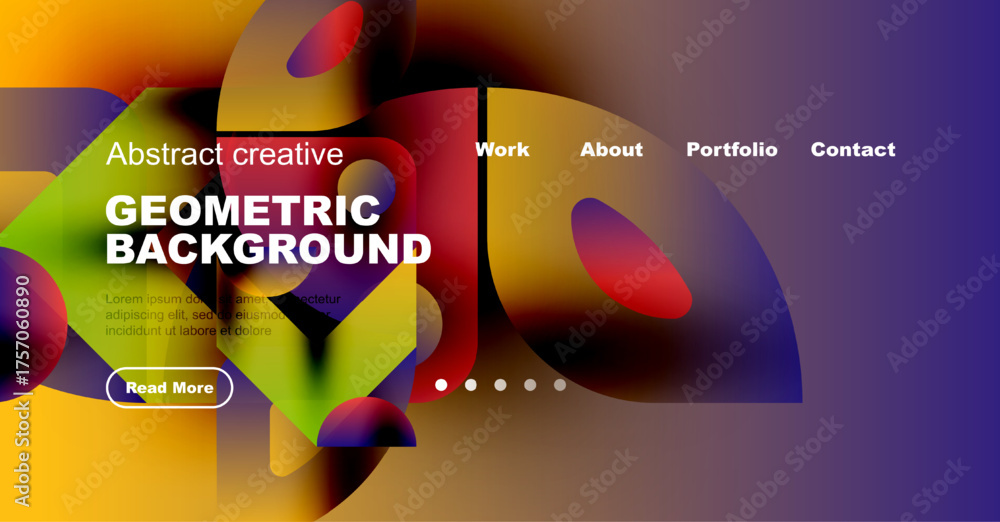 Wall mural Vibrant abstract geometric background. Website header design features colorful shapes, text, navigation elements, plus read more button.