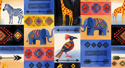 Vibrant African inspired pattern featuring animals and geometric shapes decor