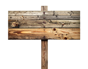 Old empty wooden sign with arrow on brown pole isolated on white background