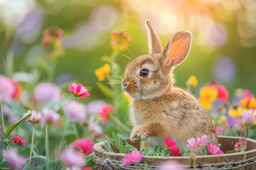 A cute bunny peacefully enjoying the colorful blooms in a serene meadow  