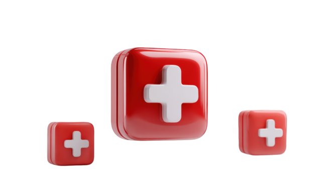 Three red first-aid kits, 3D graphic