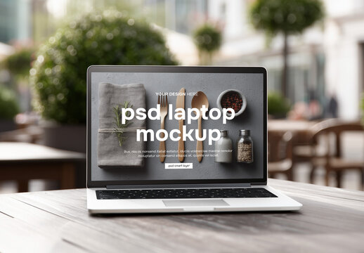 Front view laptop mockup on a table in an outdoor restaurant or pavement cafe