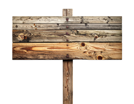 Old empty wooden sign with arrow on brown pole isolated on white background
