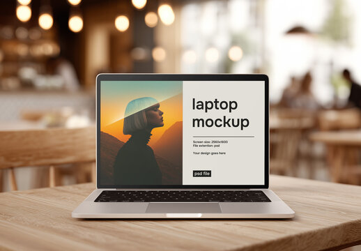 Front view laptop mockup in a restaurant or cafe mockup