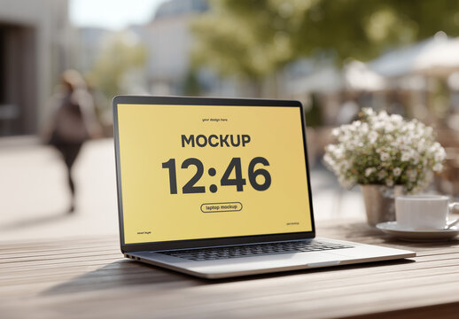 Front view laptop mockup on a table in an outdoor restaurant or pavement cafe