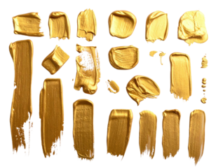 Various textured, golden paint strokes and shapes on black background, artistic design elements