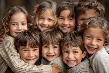 A delightful group of young children, embracing each other with their small arms and sharing bright smiles, exude happiness and laughter, fostering a joyful and fun-filled environment through their st