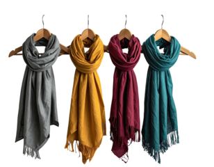 Four vibrant, soft scarves in varying colors hanging on wooden hangers against a dark background