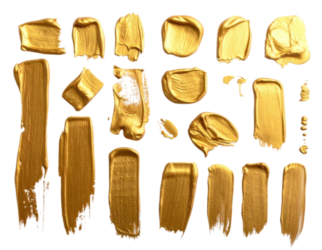 Various textured, golden paint strokes and shapes on black background, artistic design elements