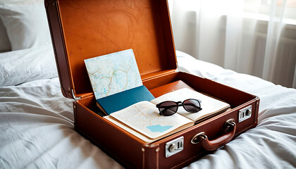 Open brown leather suitcase packed with maps, a passport, and sunglasses on a white bed, ready for a journey