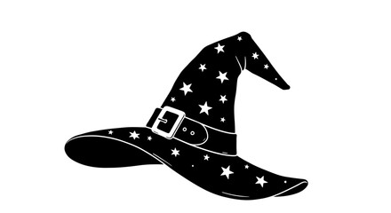 Mysterious black witch hat adorned with sparkling stars and a silver buckle perfect for halloween celebrations and magical themed designs isolated on white background