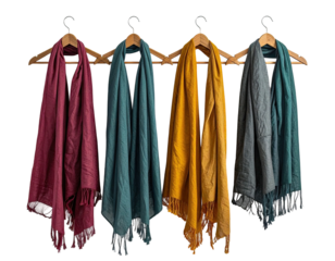 Four vibrant silk scarves hang on wooden hangers against a dark background. Each is a different solid color
