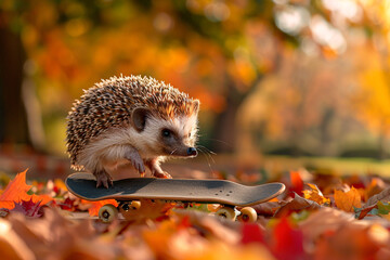 A cute hedgehog joyfully skateboarding through a beautiful park filled with lush trees and colorful leaves on a sunny day  