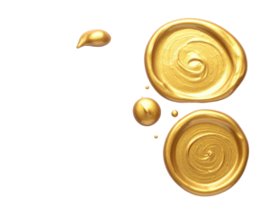 Shimmering gold paint swirls, droplets, and an abstract shape against a stark black background