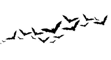 Silhouette swarm of flying bats in dynamic formation for halloween and spooky themed designs isolated on white background