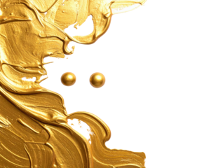 Artistic gold paint strokes bordering a black space, with two golden spheres resembling eyes