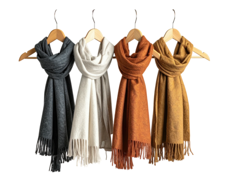 Four soft, fringed scarves in varying autumnal tones, hung on wooden clothes hangers against black