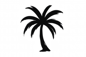 Black palm tree silhouette created with a brush stroke effect, forming an isolated tropical symbol with a transparent background