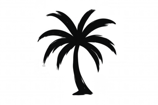 Black palm tree silhouette created with a brush stroke effect, forming an isolated tropical symbol with a transparent background