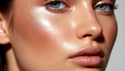 Naklejka premium Woman's close-up portrait featuring healthy dewy skin with shimmering highlights, bright eyes, and glossy lips, emphasizing natural beauty