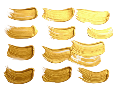 Golden paint strokes arranged randomly on a transparent background, showcasing texture and shimmer