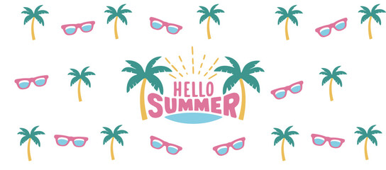 Illustration featuring palm trees, sunglasses and the text hello summer in a repeating pattern