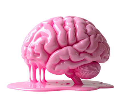 Pink, glossy depiction of a brain with melting effect and cerebellum detail against a dark background