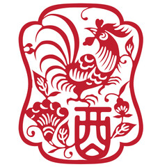 Chinese zodiac rooster vector illustration in folk paper cut art style for festive decoration and Asian design