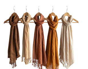 Five assorted colored scarves hanging on wooden hangers against a black background