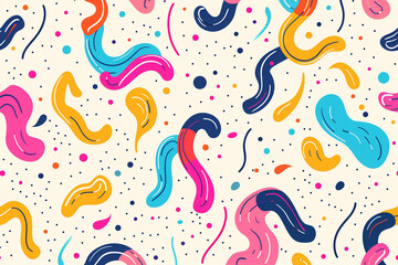 A dynamic and energetic seamless pattern featuring a cheerful and colorful line doodle motif perfect for kids' creations or trendy endeavors, this simple yet stylish artwork showcases basic shapes and