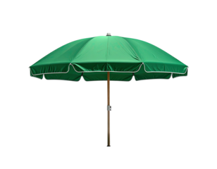 A vibrant green umbrella with a scalloped edge and wooden pole, isolated on black background