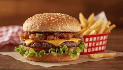 Juicy double cheeseburger with melted cheese and crispy french fries served on a wooden table